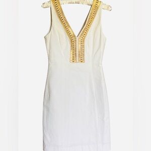 LILLY PULITZER RESORT ELIOT SHIFT DRESS WHITE GOLD EMBELLISHED SIZE 00